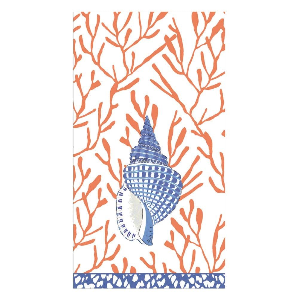 Caspari Shell Toile Guest Towel Napkins in Coral & Blue - 15 Per Package