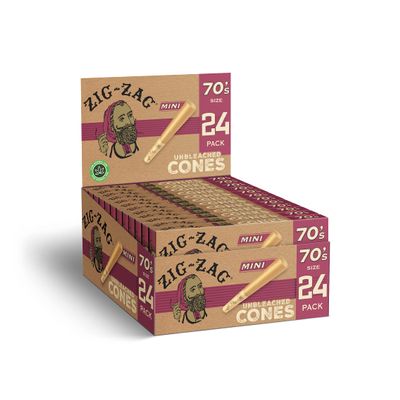 Zig-Zag Mini Natural Unbleached Pre Rolled Cones - 70mm, 12 Pack (24 Cones per Pack) | Easy Fill, Slow Even Burn | prerolled