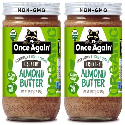 Once Again Organic Crunchy Almond Butter, 16oz - Lightly Toasted - Salt Free, Unsweetened - USDA Organic, Gluten Free Certified, Peanut Free, Vegan, Kosher, Paleo - Glass Jar (2 Pack)