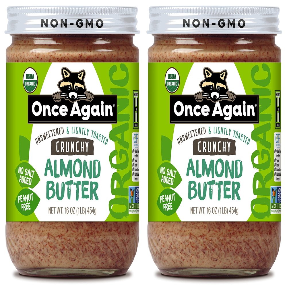 Once Again Organic Crunchy Almond Butter, 16oz - Lightly Toasted - Salt Free, Unsweetened - USDA Organic, Gluten Free Certified, Peanut Free, Vegan, Kosher, Paleo - Glass Jar (2 Pack)