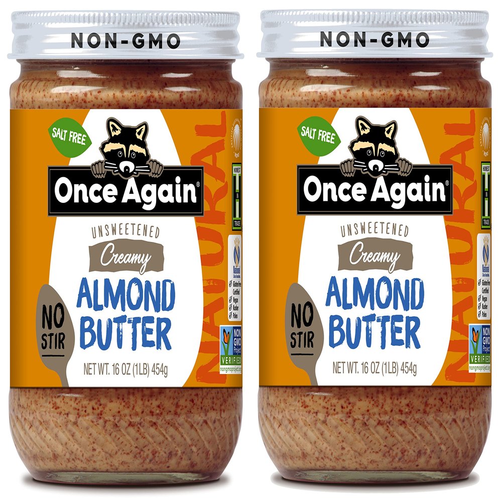 Once Again 2PK Natural Creamy Almond Butter, 16oz - No Stir - Salt Free, Unsweetened - Gluten Free Certified, Peanut Free, Vegan, Kosher, Paleo - Glass Jar