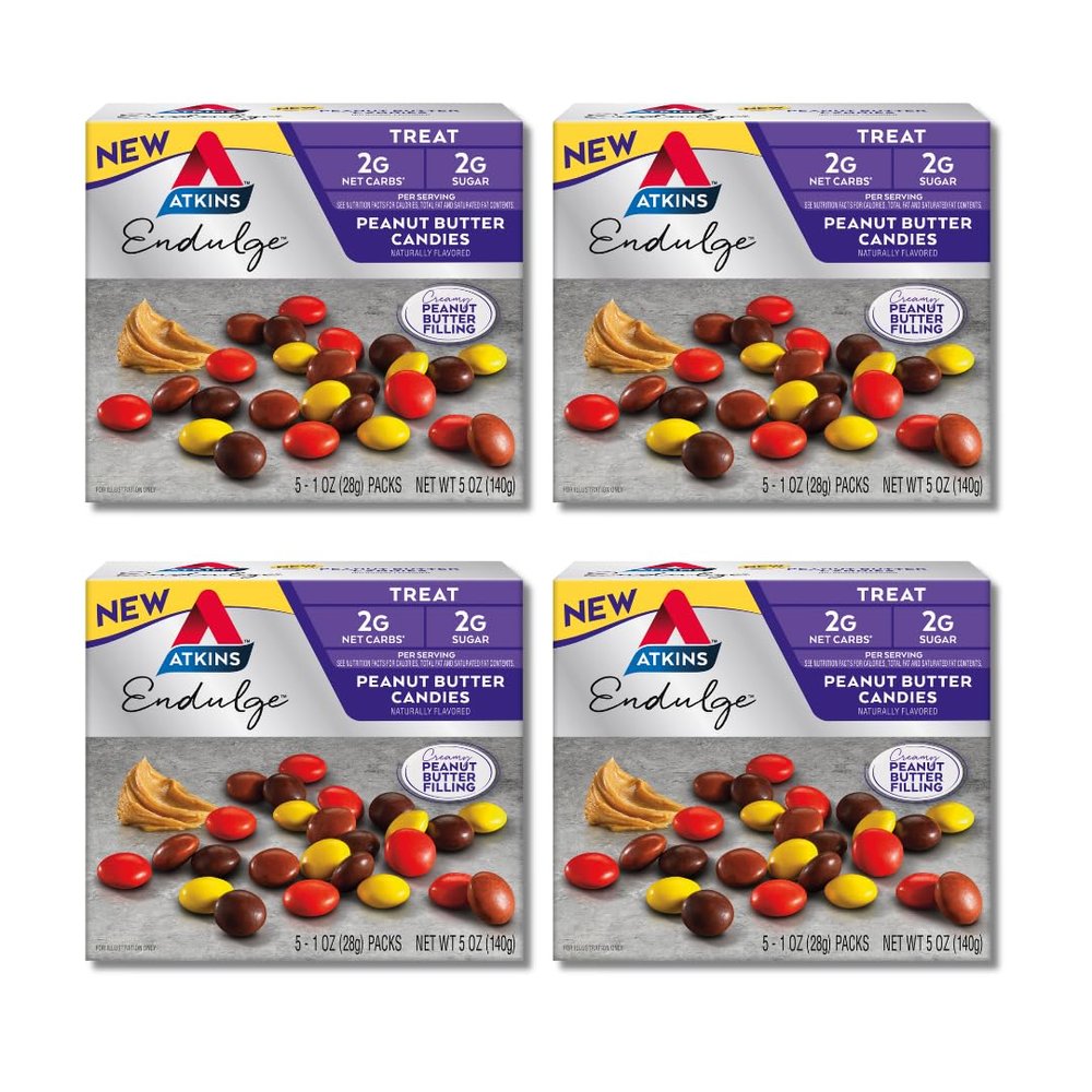 Atkins Endulge Treat, Peanut Butter Candies, 2g Net Carbs, 2g Sugar, Creamy Peanut Butter Filling, Low Carb, Low Sugar, 4 Packs (5 Count Each)