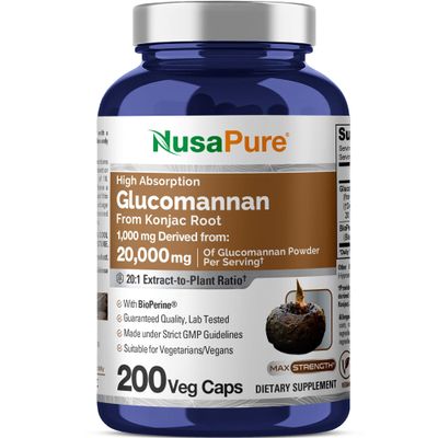 NusaPure Glucomannan 20,000 mg per Serving 200 VCaps (20:1 Extract, BioPerine Non-GMO, Vegan) Konjac Root