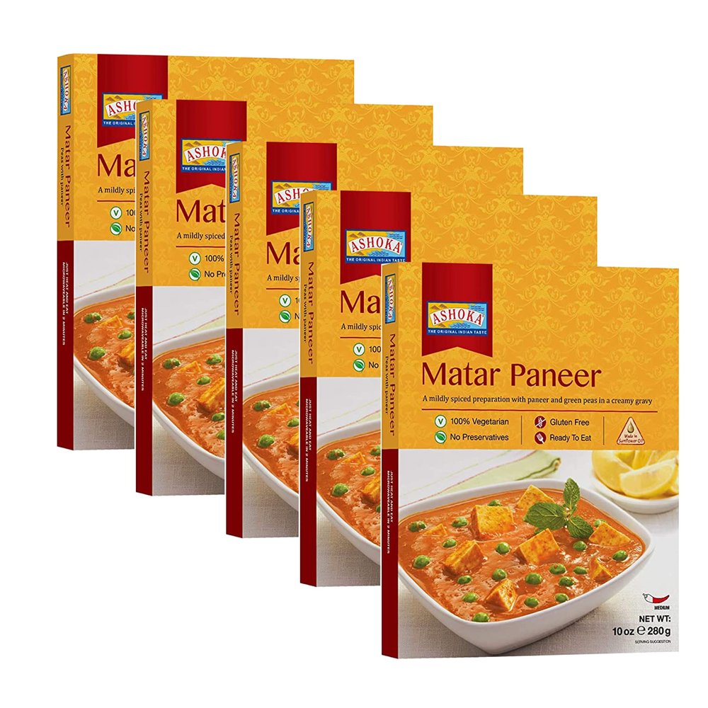 Ashoka Heat & Eat Entrees 1932, Vegetarian Green Peas & Cheese, Gluten-Free Indian Meals, Kosher Certified, All-Natural Matar Paneer, Travel Friendly, Portable, No Preservatives, Pack of 10