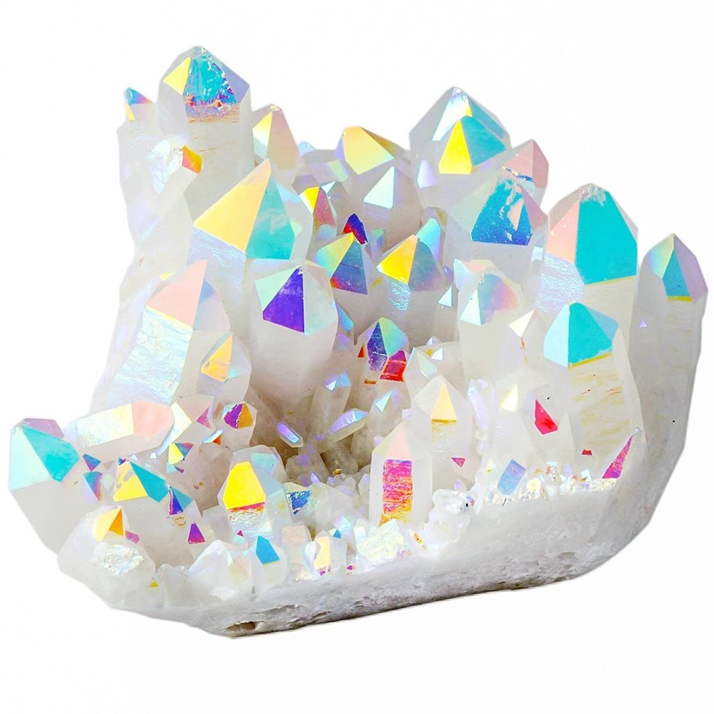 Nupuyai Titanium Coated Irregular Quartz Crystal Cluster Decor for Home Office Natural Druzy Rock Crystal Stone Specimen, White