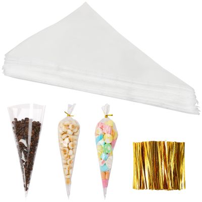 Augshy Cone Bags, 300 Pcs 5x10 Clear Cone Treat Bags Cellophane Cone Treat Bags with 300 Twist Ties 1.4 mils Thickness OPP Plastic Bags for Popcorn Favor Candy