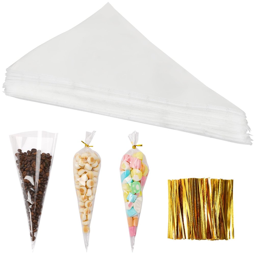 Augshy Cone Bags, 300 Pcs 5x10 Clear Cone Treat Bags Cellophane Cone Treat Bags with 300 Twist Ties 1.4 mils Thickness OPP Plastic Bags for Popcorn Favor Candy