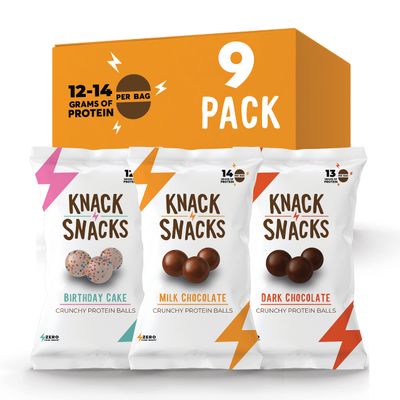 Knack Snacks | Crunchy Protein Balls - Variety Pack (9x 1.2oz Bags) | Lunchbox Ready, High Protein, Naturally Gluten Free, Lower Sugar, Great Snack for School, Work, Travel, Parties, Gaming, Anytime