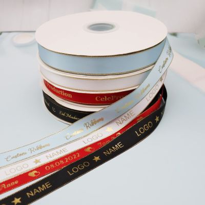 Custom Ribbon Personalized Logo Printed Golden Edges Satin Ribbon, Wedding Party Favor Giftbox Baking Wrapping (15mm Ribbon,100Yards(90m))