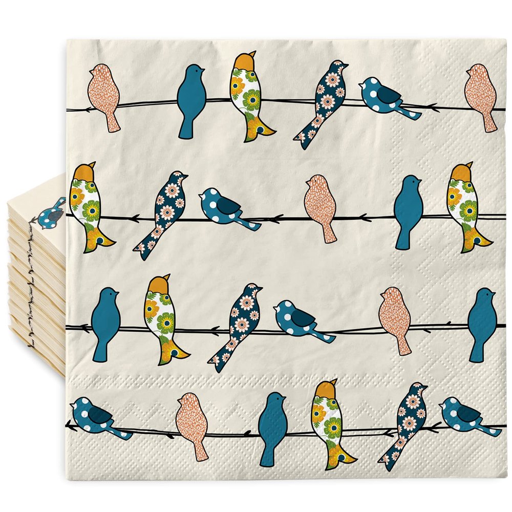 AnyDesign 100 Pack Birds Paper Napkins 6.5 x 6.5 Inch Colorful Bird Disposable Luncheon Napkins Spring Dinner Hand Napkins for Holiday Baby Shower Wedding Birthday Party Supplies