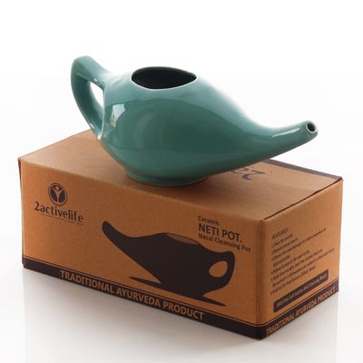 2activelife 225 Ml Water-Ceramic Neti Pot with Handle, Neti Pot Sinus Rinse, Dishwasher Safe,with 5 Sachets of Neti Salt (Turquoise Color)