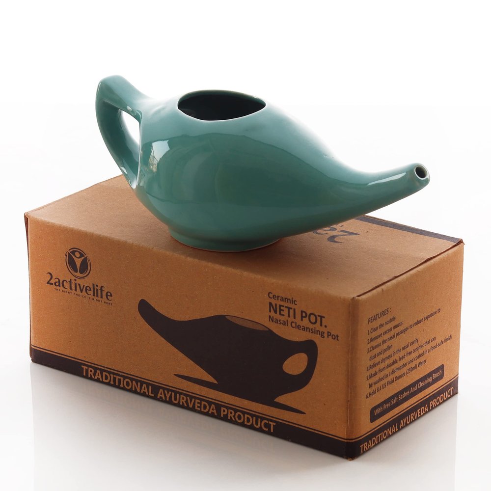 2activelife 225 Ml Water-Ceramic Neti Pot with Handle, Neti Pot Sinus Rinse, Dishwasher Safe,with 5 Sachets of Neti Salt (Turquoise Color)