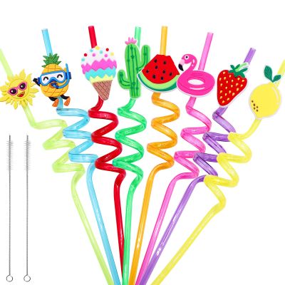 Summer Reusable Drinking Straws 24 Packs Pool Party Decorations Beach Fruit Party Favors Hawaiian Tropical Straws Goodie Bag Gifts for Birthday Party Supplies with 2 Cleaning Brushes