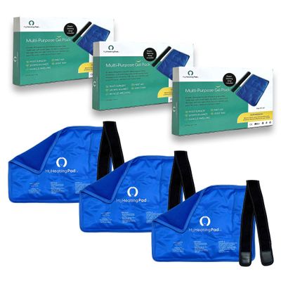 Rectangle Gel Pad for Arm, Leg, Knee, and Back - 15''x11'' Reusable Gel Ice Pack with Elastic Fastener for Hands-Free Application - Cold Packs for Post-Surgery or Sport Injuries - 3 Packs Blue