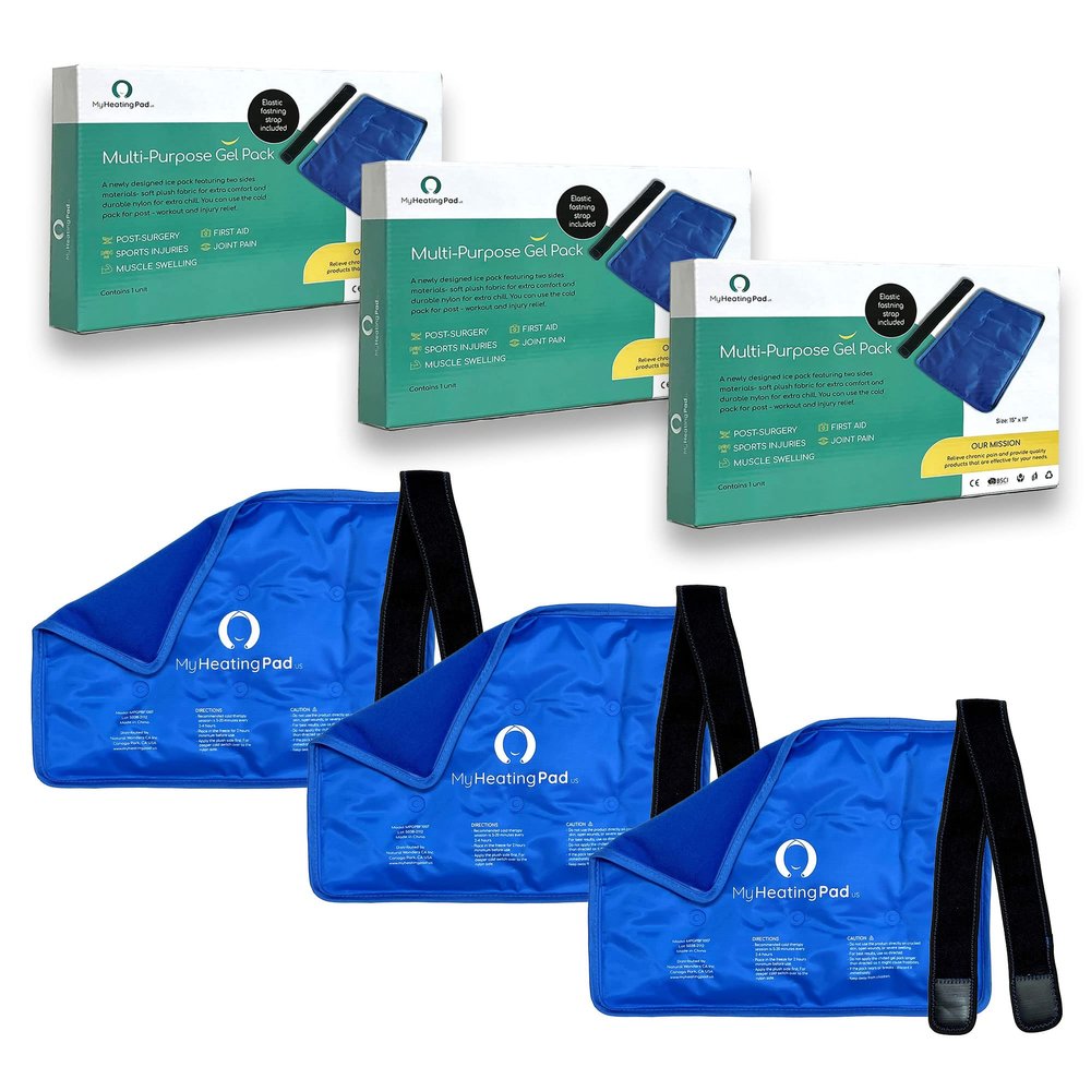 Rectangle Gel Pad for Arm, Leg, Knee, and Back - 15''x11'' Reusable Gel Ice Pack with Elastic Fastener for Hands-Free Application - Cold Packs for Post-Surgery or Sport Injuries - 3 Packs Blue