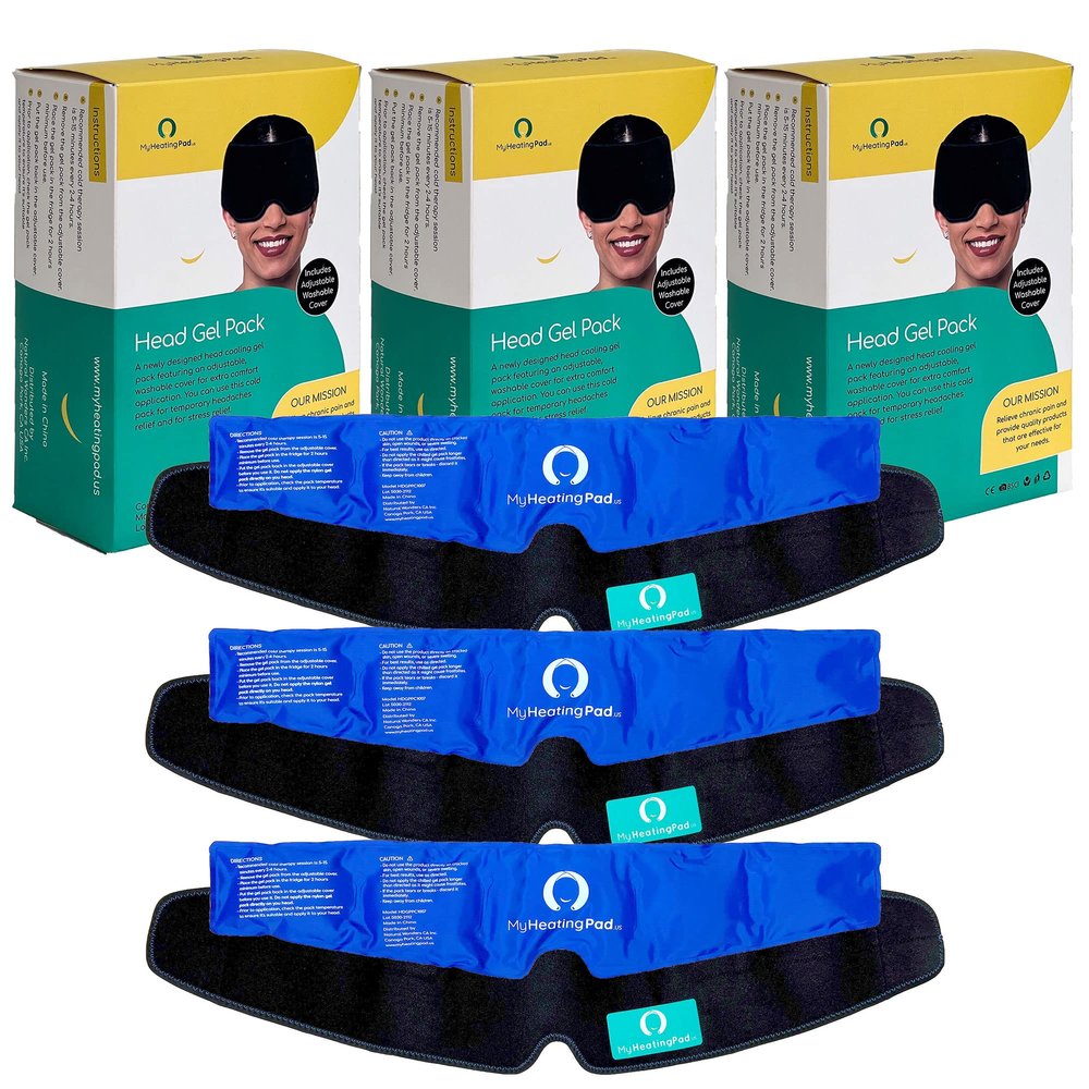 Reusable Head Gel Ice Pack with Adjustable Elastic Band - Head Gel Pack Fits Most Head Sizes - Flexible Ice Packs for Men and Women - Soft Ice Pack with Elastic Band for Convenient Use - 3 Packs