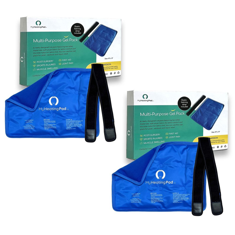 Rectangle Gel Pad for Arm, Leg, Knee, and Back - 15''x11'' Reusable Gel Ice Pack with Elastic Fastener for Hands-Free Application - Cold Packs for Post-Surgery or Sport Injuries - 2 Packs Blue