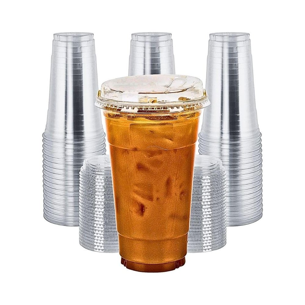 Green Direct 24 oz. Disposable Plastic Clear Cups with Strawless Sip Lids for Iced Coffee 50