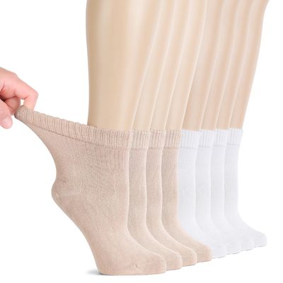 Hugh Ugoli Diabetic Socks for Women, Super Soft, Thin, Rayon Ankle Socks, Wide, Loose, Non-Binding Top, Seamless Toe, 8 Pairs, White/Light Beige, Shoe Size: 6-9