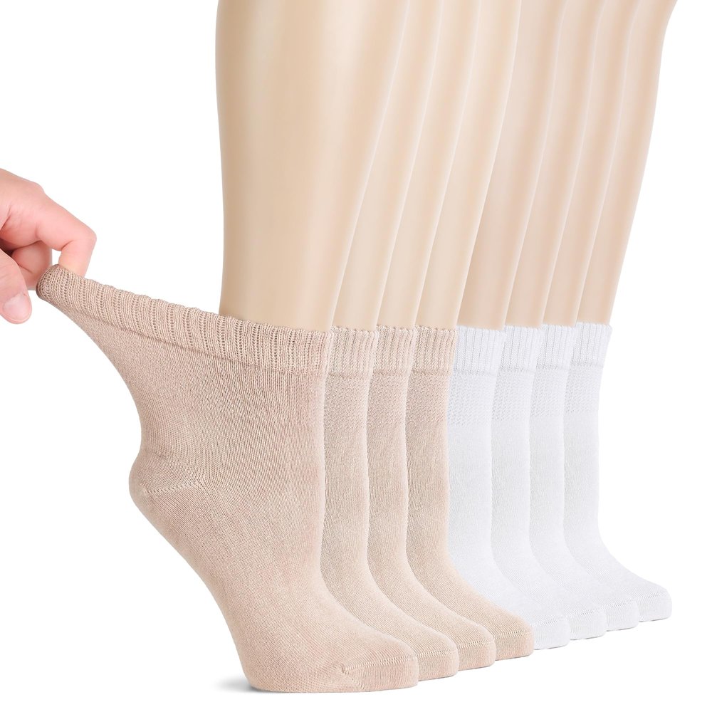 Hugh Ugoli Diabetic Socks for Women, Super Soft, Thin, Rayon Ankle Socks, Wide, Loose, Non-Binding Top, Seamless Toe, 8 Pairs, White/Light Beige, Shoe Size: 6-9
