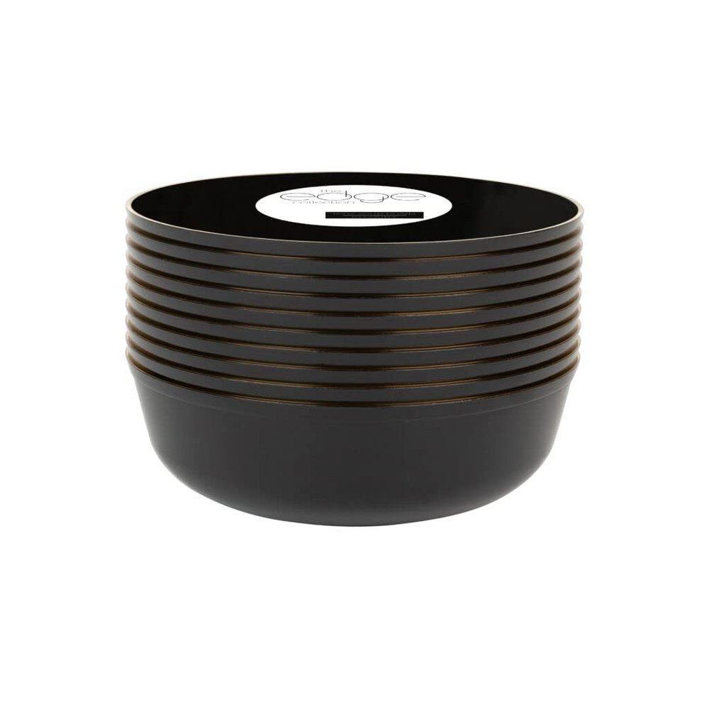 PARTY BARGAINS 16oz Edge Collection Disposable Bowls, 20 Pack, Black Gold Rim, Round Plastic Bowls for Mixing, Serving, and Storing Foods, Salads, Desserts
