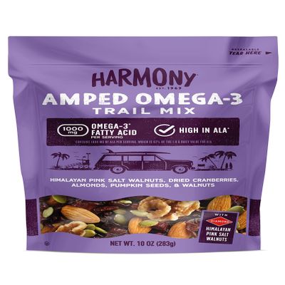 Diamond of California Harmony Amped Omega-3 Trail Mix with Mixed Nuts, Dried Fruit, Diamond of California Himalayan Pink Salt Walnuts, and Seeds, 10 oz, 1 Unit