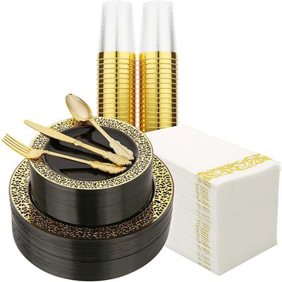 175 Piece Black and Gold Dinnerware Set 25 Guest, ANXTO Disposable Dinnerware Set for Wedding Birthday Party (Black and Gold lack crown, 10.24" and 7.48")