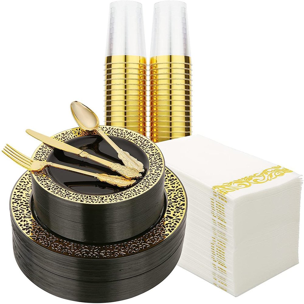 175 Piece Black and Gold Dinnerware Set 25 Guest, ANXTO Disposable Dinnerware Set for Wedding Birthday Party (Black and Gold lack crown, 10.24" and 7.48")