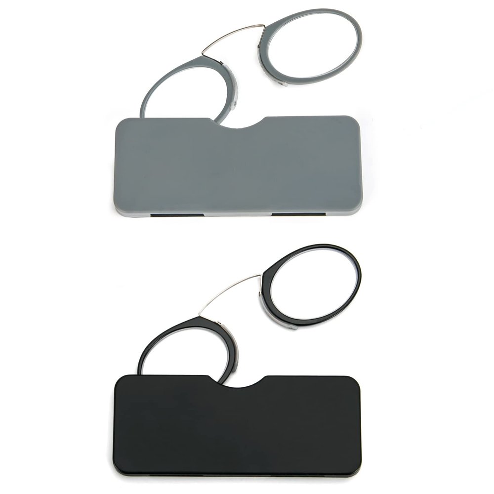 DXYXYO Armless Mini Thin Reading Glasses for Men Women 2 Pack Legless Nose Clip Compact Readers with Small Portable Case, 1.5 Magnification Black and Grey