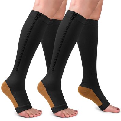 2 Pairs Copper Compression Socks Toe Open Leg Support Stocking Knee High Socks with Zipper