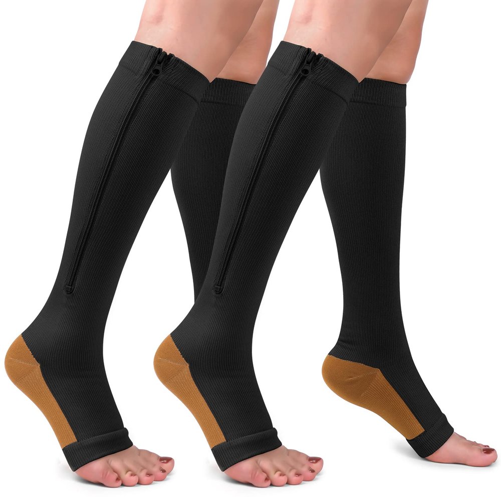 2 Pairs Copper Compression Socks Toe Open Leg Support Stocking Knee High Socks with Zipper