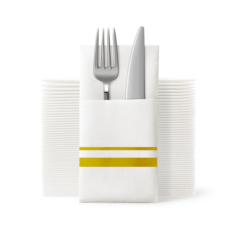 UKEENOR Disposable Dinner Napkins Cloth Like with Built-in Flatware Pocket,Wedding Party Linen Feel White and Golden Napkin, Prefolded for Silverware, 50 Counts