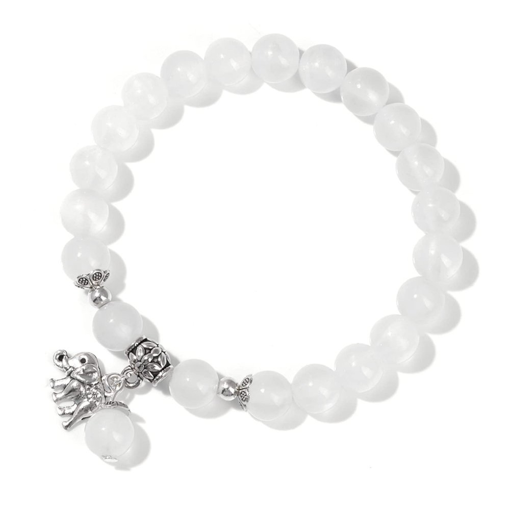 Stone Bracelet Pendant Opal Gypsum Natural Stone Beads Bracelets for Women Men Jewelry,8mm Gypsum Stone,21cm