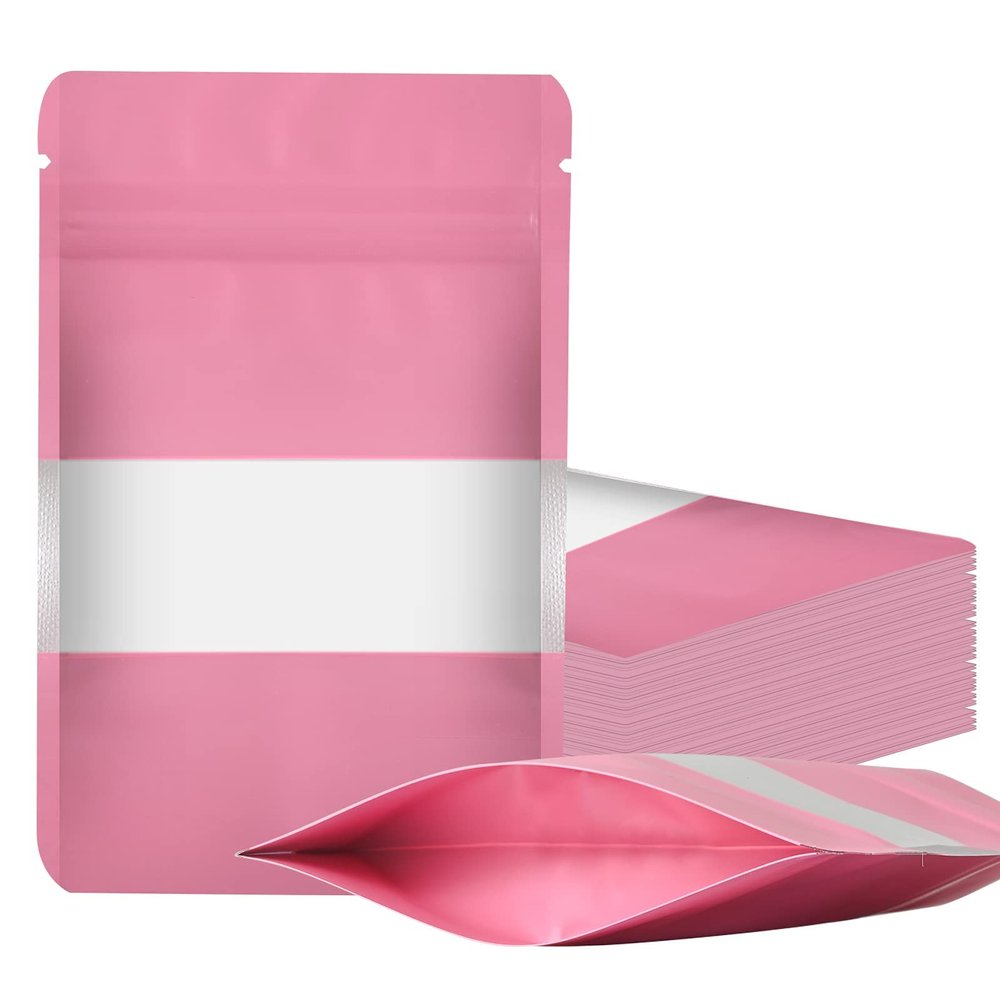 100 Pieces Smell Proof Mylar Resealable Food Storage Bags With Clear Window, Foil Pouch Stand-up for Self Sealing Supplies (Pink, 5.3 x 7.8 Inch)