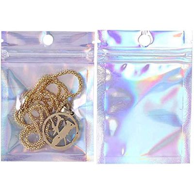 100PCS Holographic Packaging Bags with Clear Window Display for Jewelry Food Storage & Organization (7 x 10.25 inch)