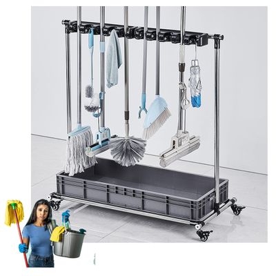 Movable Floor Standing Mop Broom Holder Utility Cleaning Tool Cart, Cleaning Supplies Organizer,Garden Tool Storage,Umbrella Stand, Mop Drain Rack,with Wheels, for Garden Closet Garage Hospitals (Siz