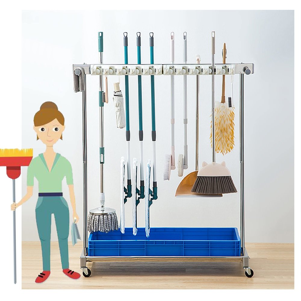 Utility Rack for Mops And Brooms,Cleaning Tool Cart Mop Holder Umbrella Stand,Movable Commercial Mop Rack, Mop Drain Rack,Can put wet mops, with Wheels,for Garden,Garage,Schools,Hospitals,Hotels ( Col