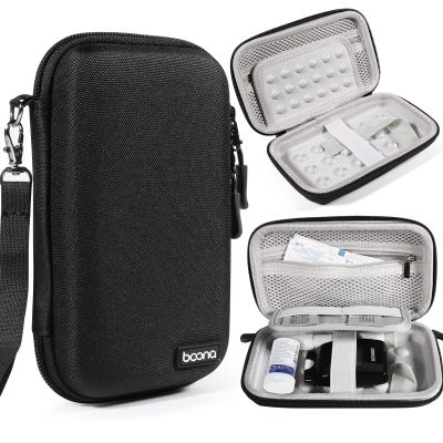 Diabetic Travel Case + Pill Box, EVA Hard Shell Diabetic Bags for Supplies, Glucose Monitor Kit, Blood Sugar Monitor, Test Strips for Diabetes, Lancets, Lancing Device, Insulin Pen (Small, A Black)