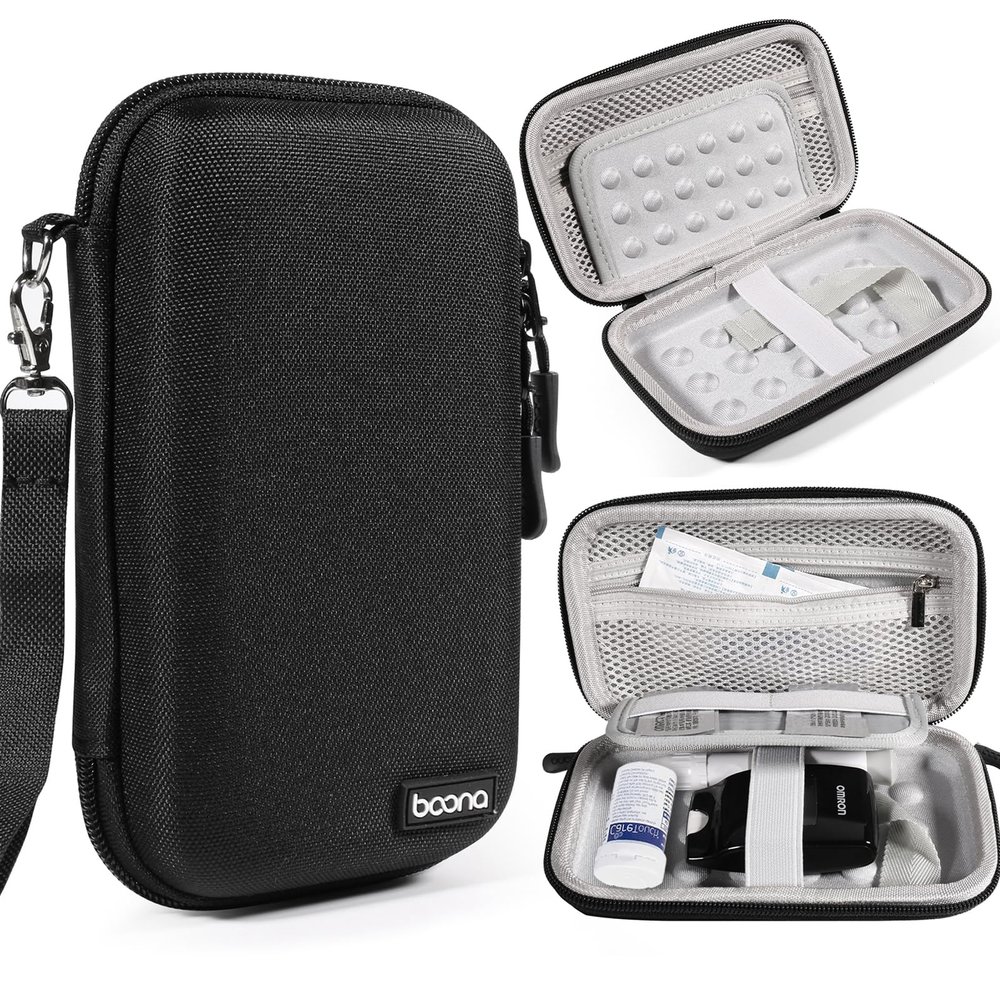 Diabetic Travel Case + Pill Box, EVA Hard Shell Diabetic Bags for Supplies, Glucose Monitor Kit, Blood Sugar Monitor, Test Strips for Diabetes, Lancets, Lancing Device, Insulin Pen (Small, A Black)