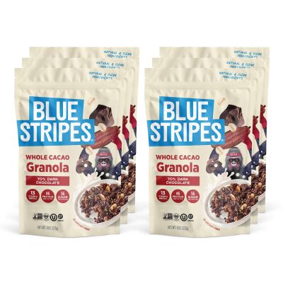 Blue Stripes Whole Cacao Granola - Gluten Free 70% Dark Chocolate Granola for Cereal, Oatmeal, Yogurt, 5g Protein Per Serving, Source of Fiber, Vegan, Low Sugar - Dark Chocolate, 8 oz Bag (6 Pack)