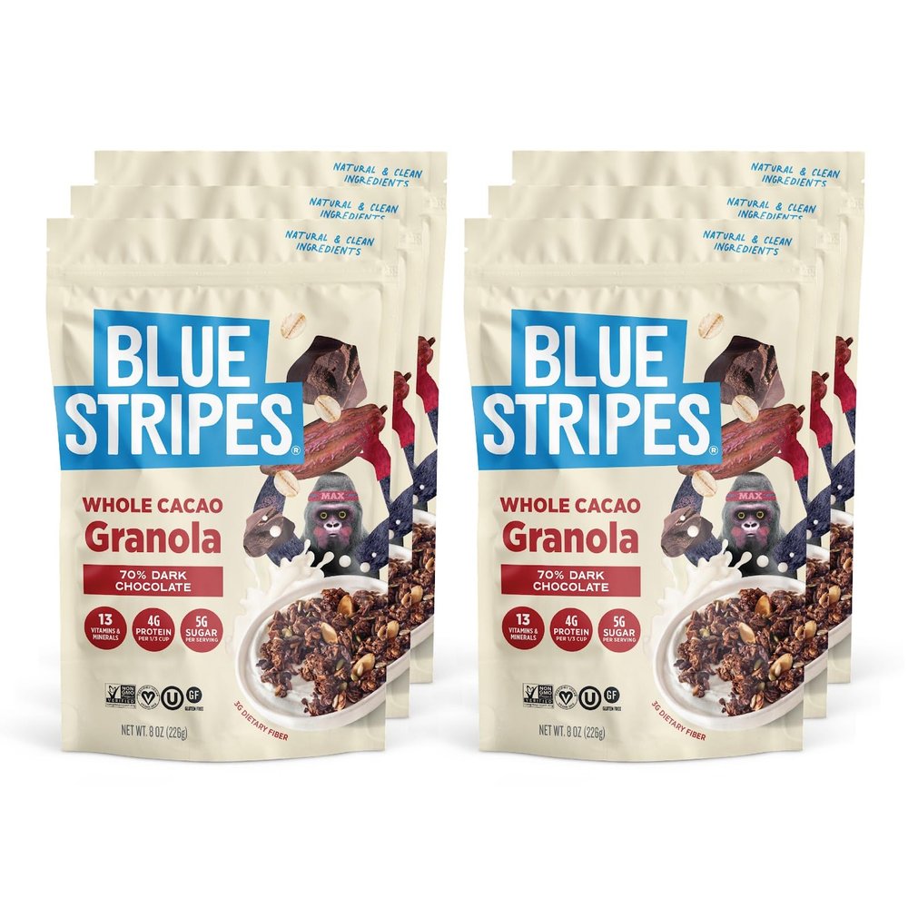 Blue Stripes Whole Cacao Granola - Gluten Free 70% Dark Chocolate Granola for Cereal, Oatmeal, Yogurt, 5g Protein Per Serving, Source of Fiber, Vegan, Low Sugar - Dark Chocolate, 8 oz Bag (6 Pack)