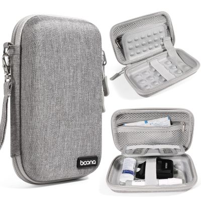 Diabetic Travel Case + Pill Box, EVA Hard Shell Diabetic Bags for Supplies, Glucose Monitor Kit, Blood Sugar Monitor, Test Strips for Diabetes, Lancets, Lancing Device, Insulin Pen (Small, A Gray)