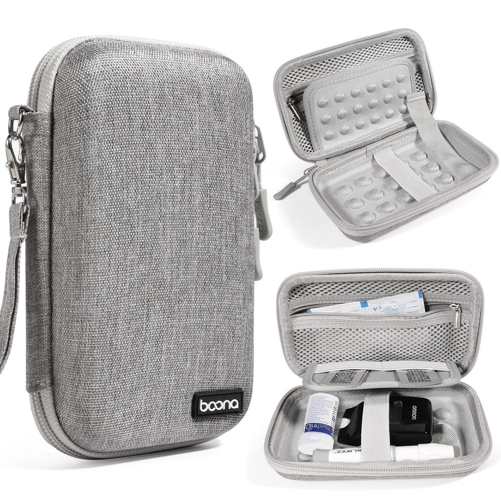 Diabetic Travel Case + Pill Box, EVA Hard Shell Diabetic Bags for Supplies, Glucose Monitor Kit, Blood Sugar Monitor, Test Strips for Diabetes, Lancets, Lancing Device, Insulin Pen (Small, A Gray)