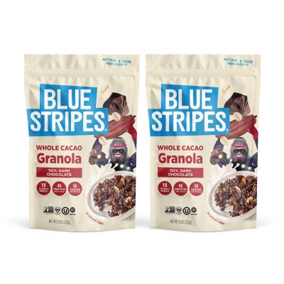 Blue Stripes Whole Cacao Granola - Gluten Free 70% Dark Chocolate Granola for Cereal, Oatmeal, Yogurt, 5g Protein Per Serving, Source of Fiber, Vegan, Low Sugar - Dark Chocolate, 8 oz Bag (2 Pack)