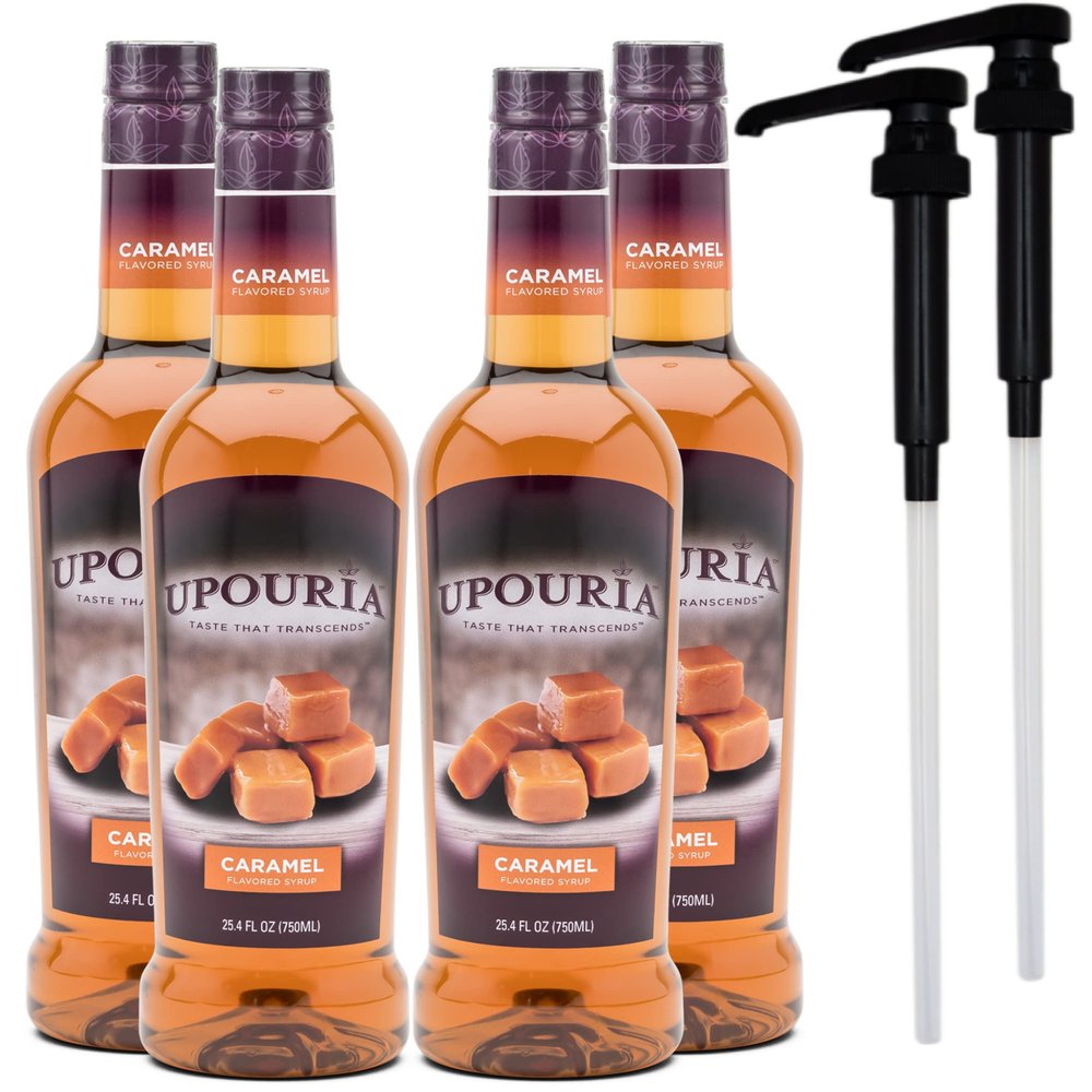 Upouria Caramel Coffee Syrup Flavoring, 100% Vegan, Gluten-Free, Kosher, 750 mL Bottle (Pack of 4) with 2 Syrup Pumps