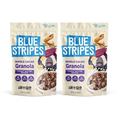 Blue Stripes Whole Cacao Granola - Gluten Free Dark Chocolate Granola for Cereal, Oatmeal, Yogurt, 5g Protein Per Serving, Source of Fiber, Vegan, Low Sugar - Peanut Butter Banana, 8 oz (2 Pack)