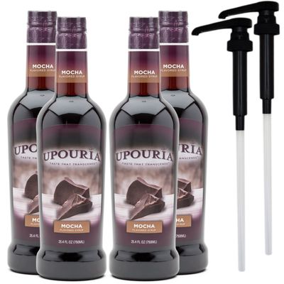 Upouria Mocha Coffee Syrup Flavoring, 100% Vegan, Gluten-Free, Kosher, 750 mL Bottle (Pack of 4) with 2 Syrup Pumps