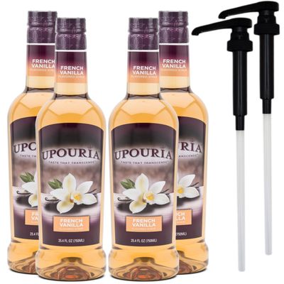 Upouria French Vanilla Coffee Syrup Flavoring, 100% Vegan, Gluten-Free, Kosher, 750 mL Bottle (Pack of 4) with 2 Syrup Pumps