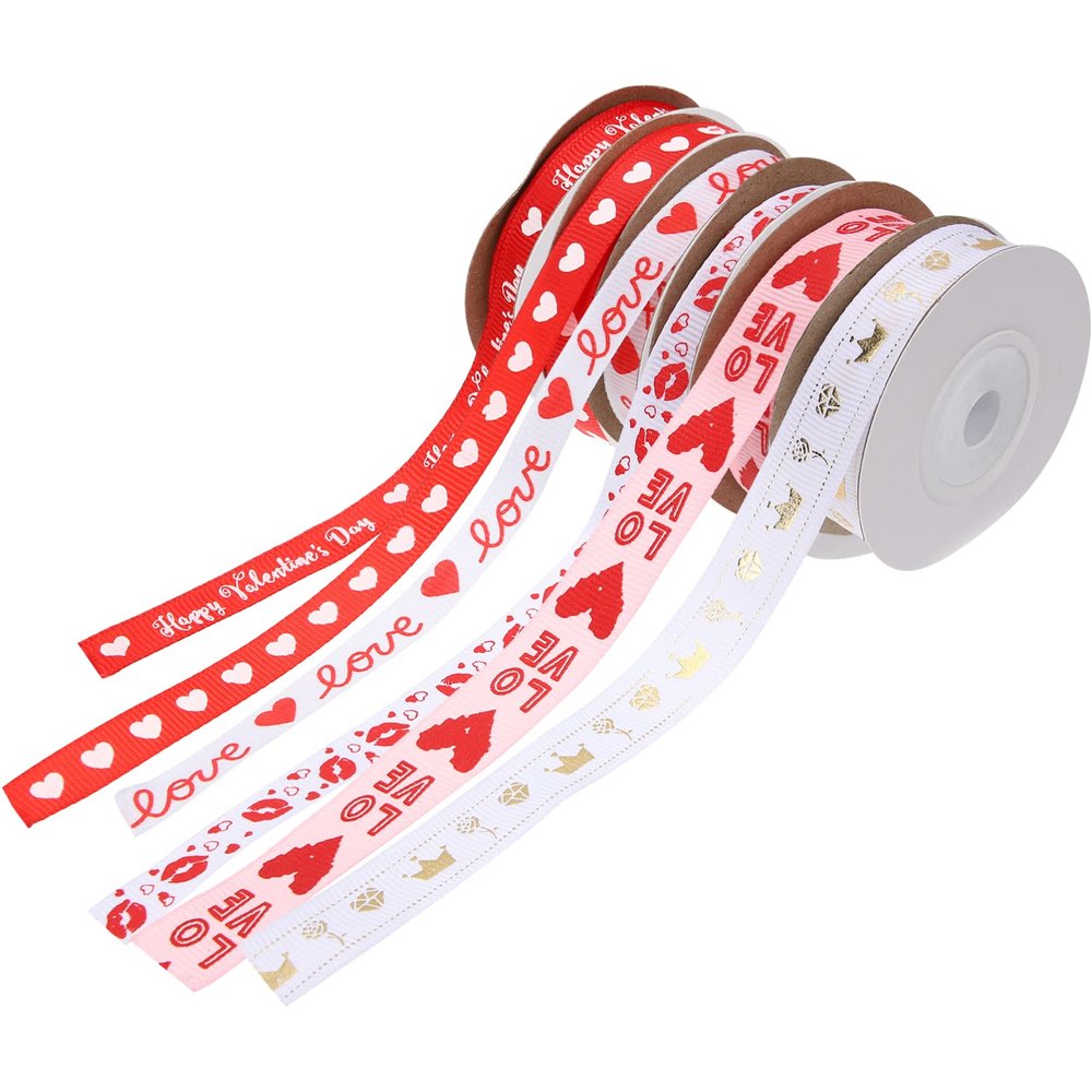 Didiseaon 6rolls Heart Pattern Ribbon for Wrapping and Decoration for Valentine Day Weddings and Crafts Smooth No Ironing Needed for Bouquets and Presents