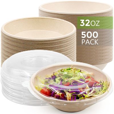 500 Pack 32 oz Disposable Bowls, Eco-Friendly Disposable Bagasse Bowl, Duty Biodegradable Bowls Made Of Sugarcane, Heavy Duty Compostable Bowls Party Serving Bowls for Salad, Dessert (500-Covered)
